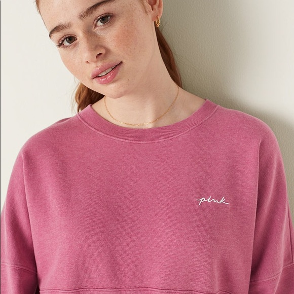 Victoria’s Secret PINK Varsity Crew Neck Sweate Pink Dahlia Wash Large NEW - Picture 3 of 4